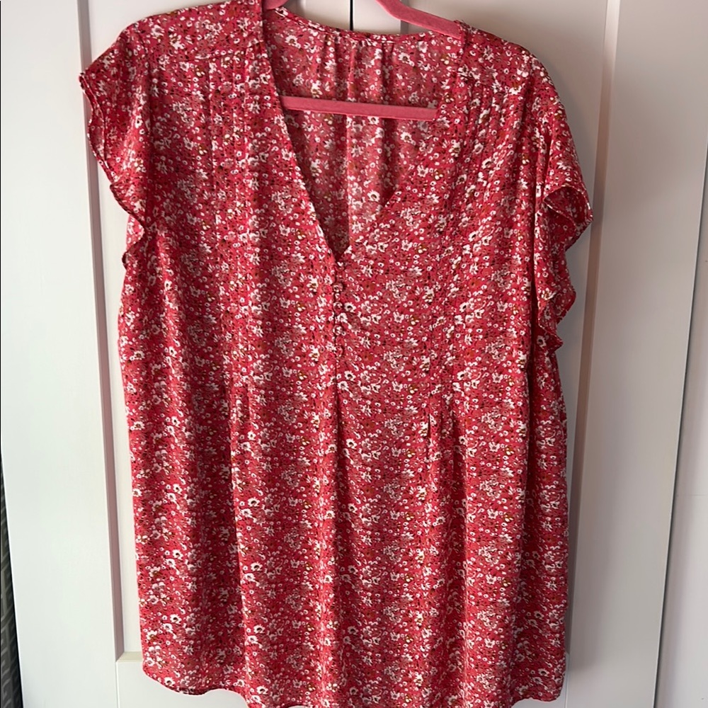 Floral Pink Women's Top 2X short flutter sleeve